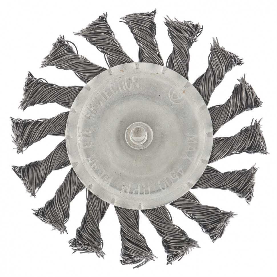 Щетка для дрели, 100 мм, плоская со шпилькой, крученая металлическая проволока Сибртех Щетки для дрели фото, изображение
